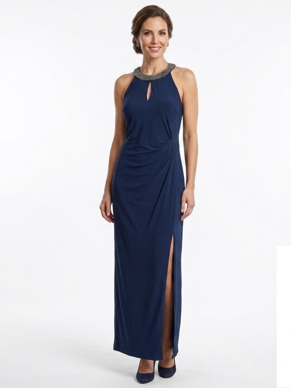 Ralph Lauren Navy Beaded Halter Maxi Gown Dress Sz 6